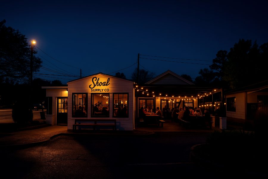 A lit exterior sign at dusk